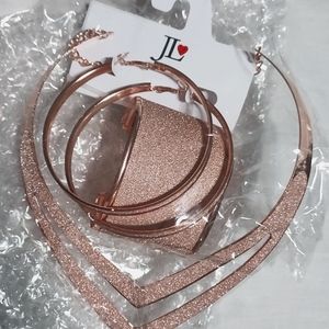 Rose gold tone costume jewelry necklace, hoop ear ring and bracelet set